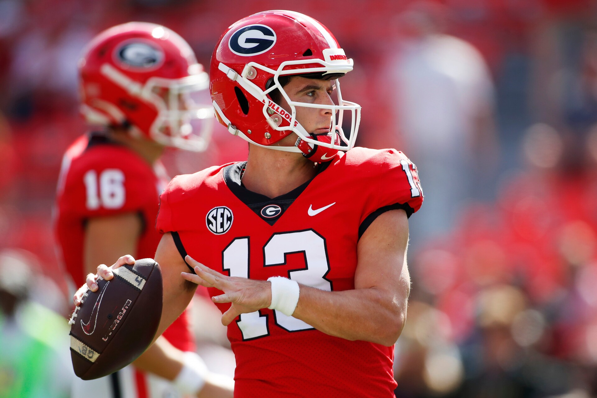 Georgia Bulldogs quarterback Stetson Bennett (13) warms up before the start of a NCAA college football game between Auburn and Georgia in Athens, Ga., on Saturday, Oct. 8, 2022. News Joshua L Jones