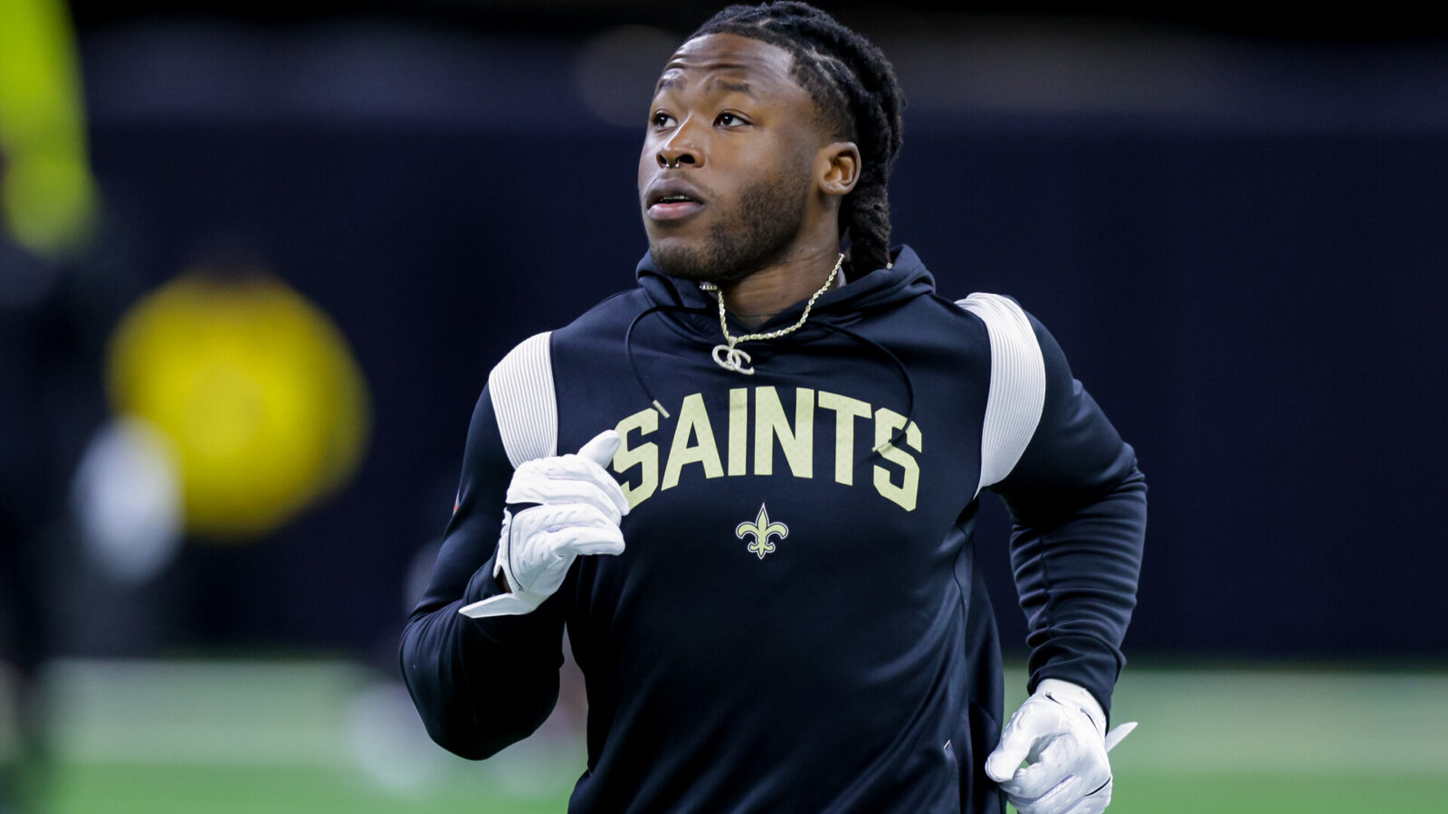 New Orleans Saints running back Alvin Kamara (41) during warm ups against the Las Vegas Raiders at Caesars Superdome.