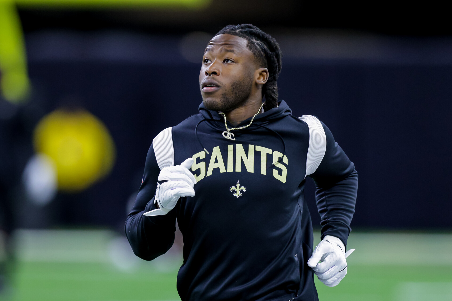 New Orleans Saints running back Alvin Kamara (41) during warm ups against the Las Vegas Raiders at Caesars Superdome.