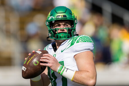 Oct 29, 2022; Berkeley, California, USA; Oregon quarterback Bo Nix (10) passes just before the start of the game against The California Golden Bears at FTX Field at California Memorial Stadium.