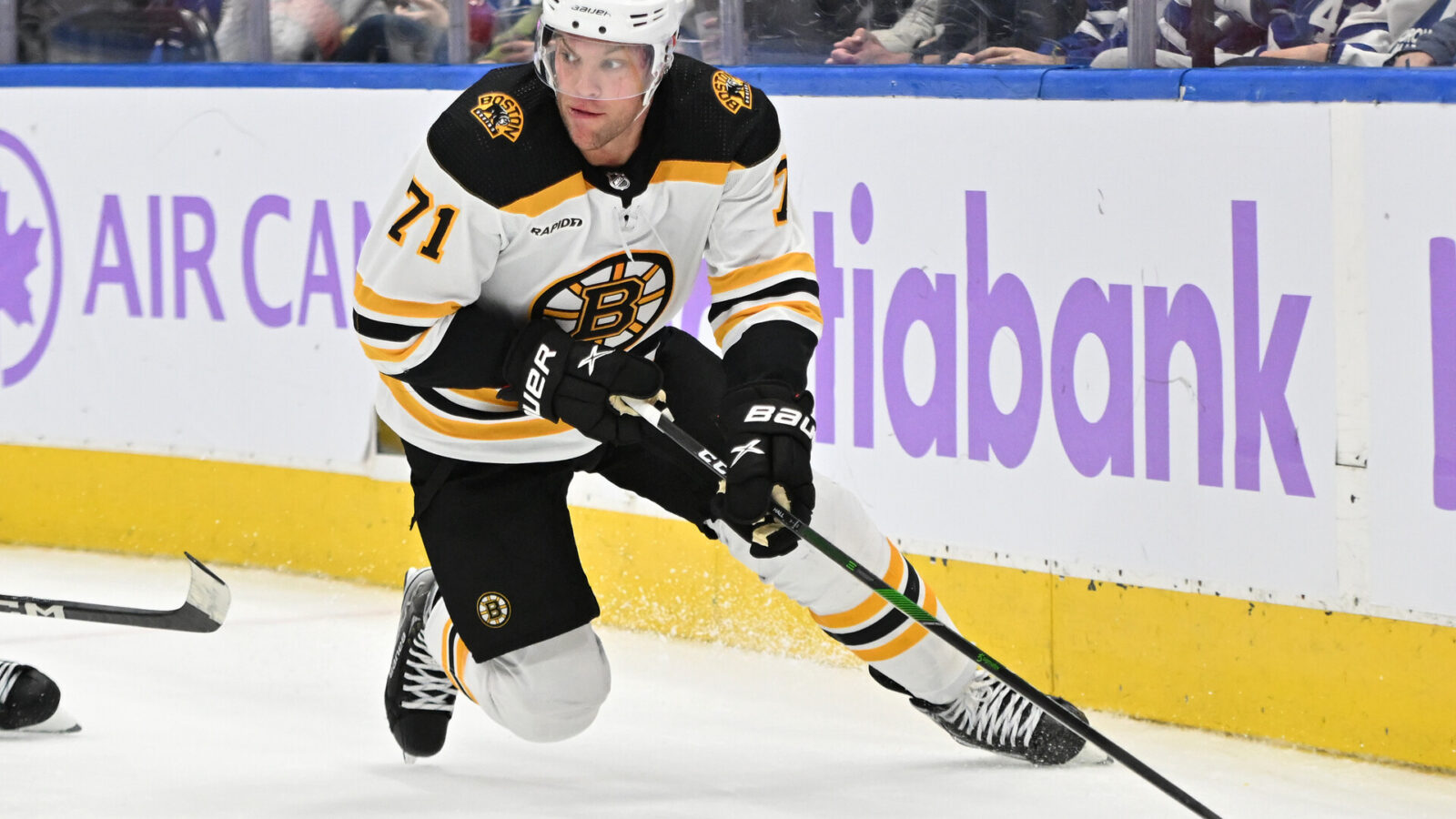 Nov 5, 2022; Toronto, Ontario, CAN; Boston Bruins forward Taylor Hall (71) looks to make a pass against the Toronto Maple Leafs in the third period at Scotiabank Arena.