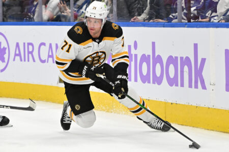 Nov 5, 2022; Toronto, Ontario, CAN; Boston Bruins forward Taylor Hall (71) looks to make a pass against the Toronto Maple Leafs in the third period at Scotiabank Arena.