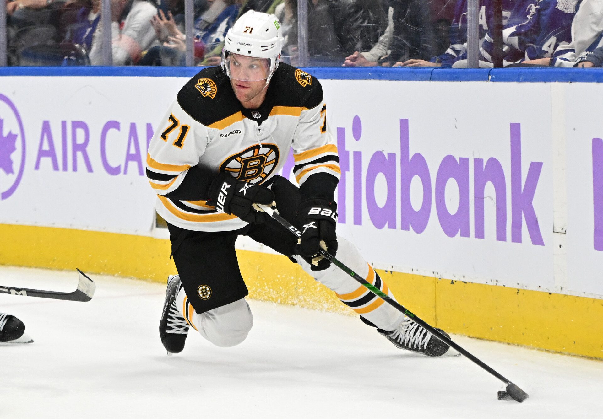 Nov 5, 2022; Toronto, Ontario, CAN; Boston Bruins forward Taylor Hall (71) looks to make a pass against the Toronto Maple Leafs in the third period at Scotiabank Arena.