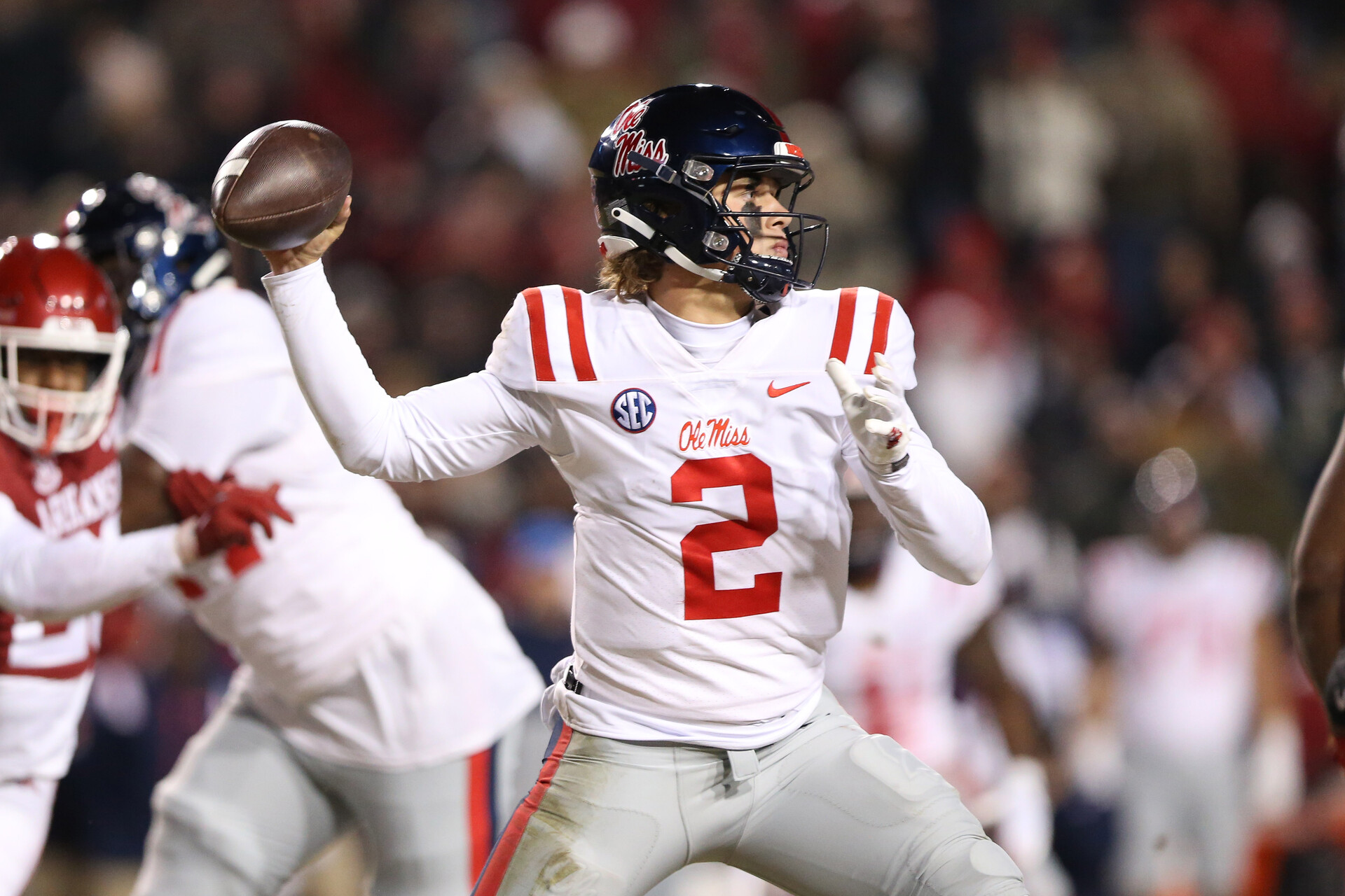Nov 19, 2022; Fayetteville, Arkansas, USA; Ole Miss Rebels quarterback Jaxson Dart (2) passes in the second quarter against the Arkansas Razorbacks at Donald W. Reynolds Razorback Stadium.