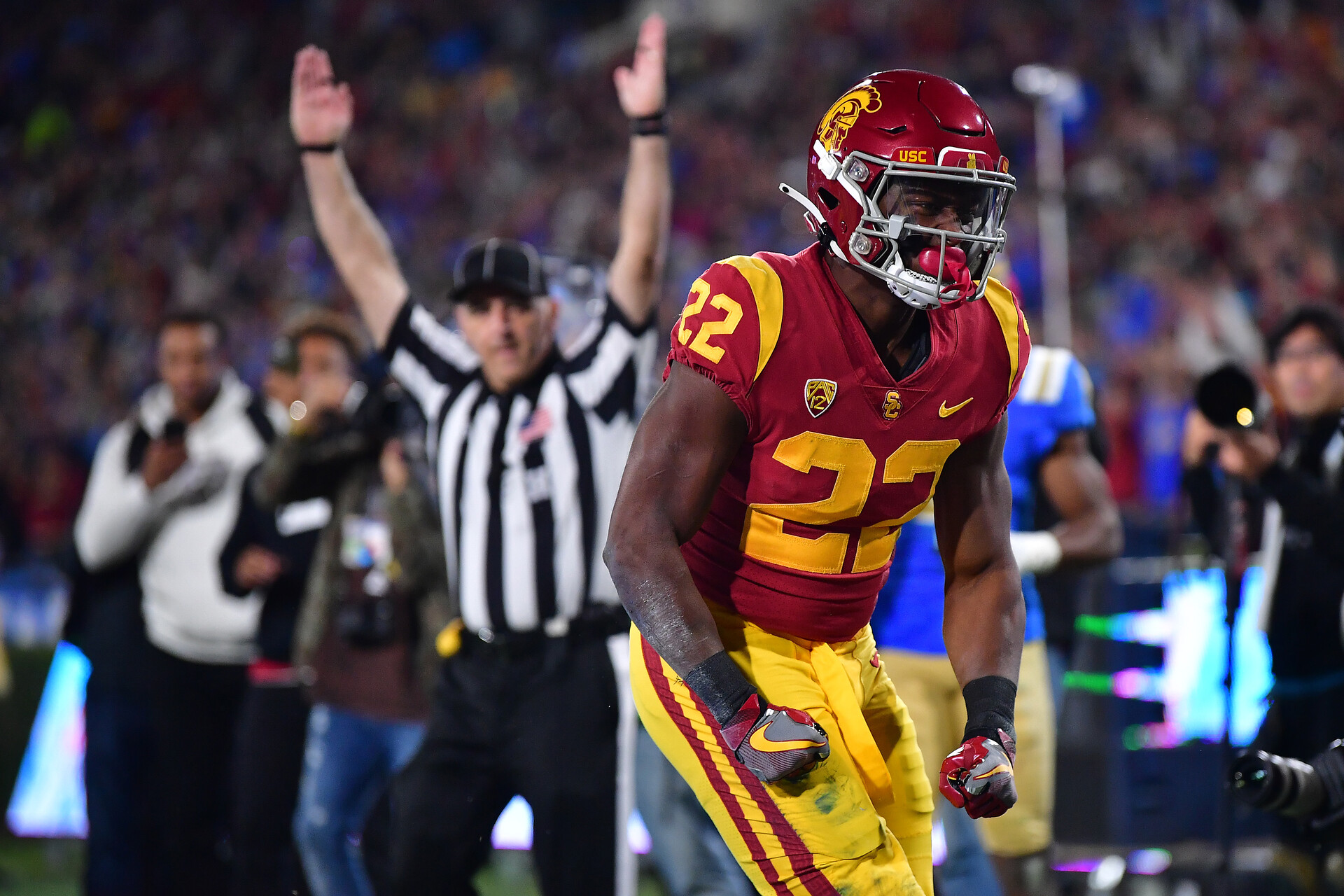 Nov 19, 2022; Pasadena, California, USA; Southern California Trojans running back Darwin Barlow (22) celebrates his touchdown scored against the UCLA Bruins during the second half at the Rose Bowl.