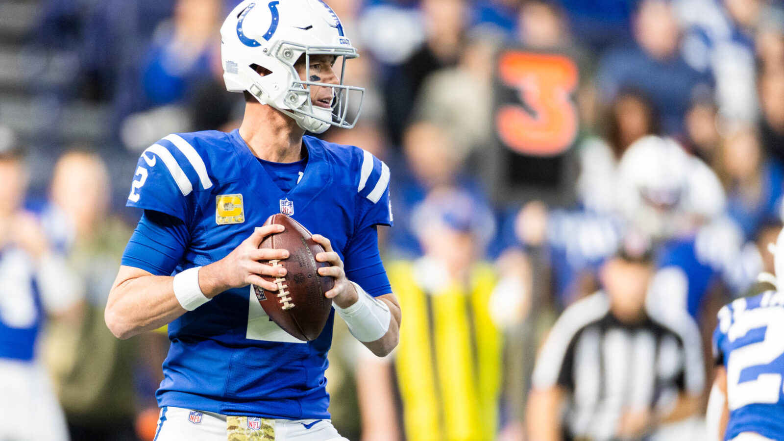 Indianapolis Colts quarterback Matt Ryan (2) drops back to pass the ball in the first quarter against the Philadelphia Eagles at Lucas Oil Stadium.