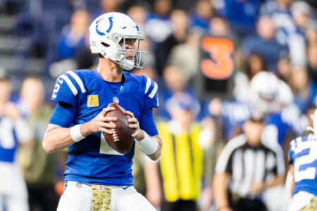 Indianapolis Colts quarterback Matt Ryan (2) drops back to pass the ball in the first quarter against the Philadelphia Eagles at Lucas Oil Stadium.