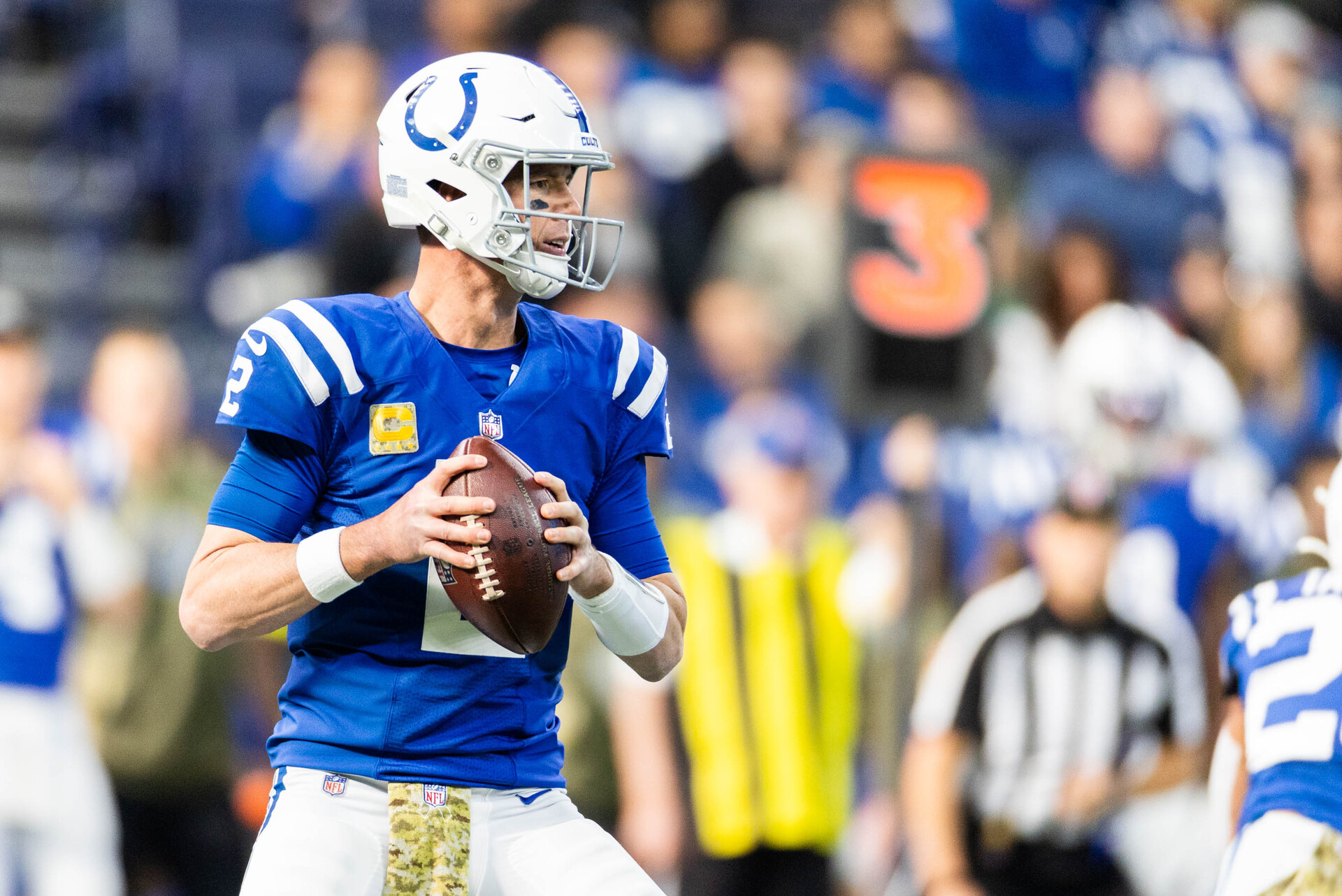 Indianapolis Colts quarterback Matt Ryan (2) drops back to pass the ball in the first quarter against the Philadelphia Eagles at Lucas Oil Stadium.