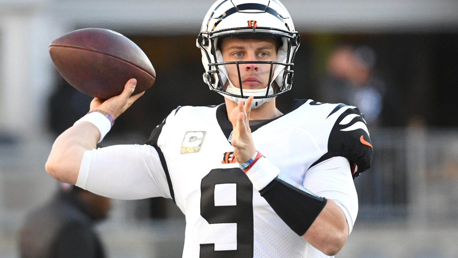 Cincinnati Bengals quarterback Joe Burrow throws a pre-game pass before playing the Pittsburgh Steelers at Acrisure Stadium.