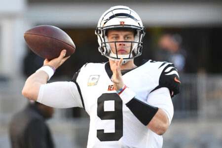 Cincinnati Bengals quarterback Joe Burrow throws a pre-game pass before playing the Pittsburgh Steelers at Acrisure Stadium.