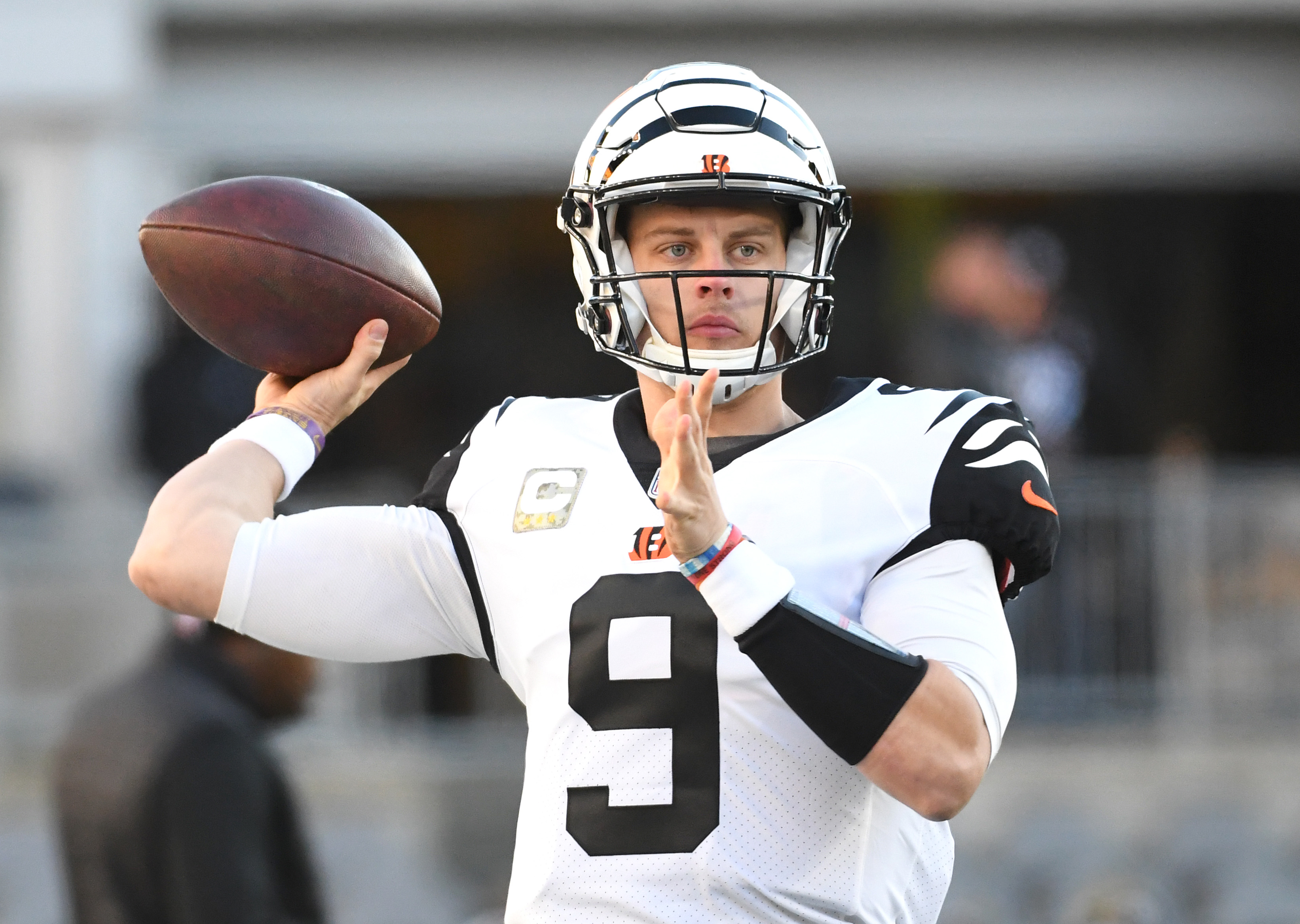 Cincinnati Bengals quarterback Joe Burrow throws a pre-game pass before playing the Pittsburgh Steelers at Acrisure Stadium.