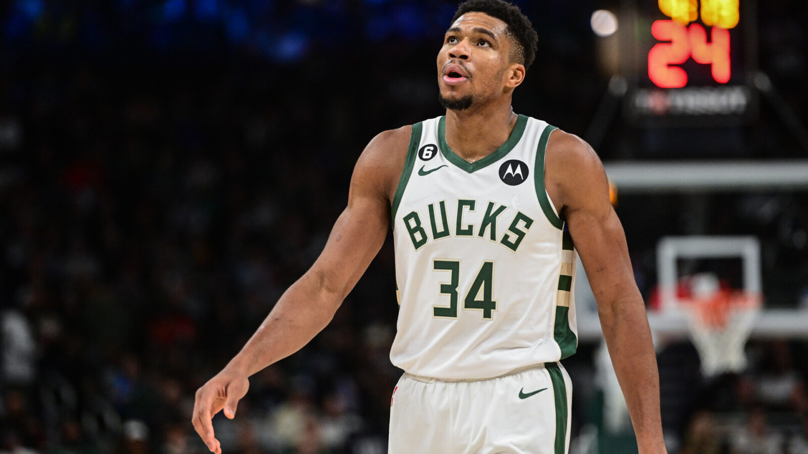 Nov 21, 2022; Milwaukee, Wisconsin, USA; Milwaukee Bucks forward Giannis Antetokounmpo (34) checks the scoreboard in the third quarter during game against the Portland Trail Blazers at Fiserv Forum.