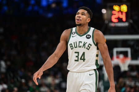 Nov 21, 2022; Milwaukee, Wisconsin, USA; Milwaukee Bucks forward Giannis Antetokounmpo (34) checks the scoreboard in the third quarter during game against the Portland Trail Blazers at Fiserv Forum.