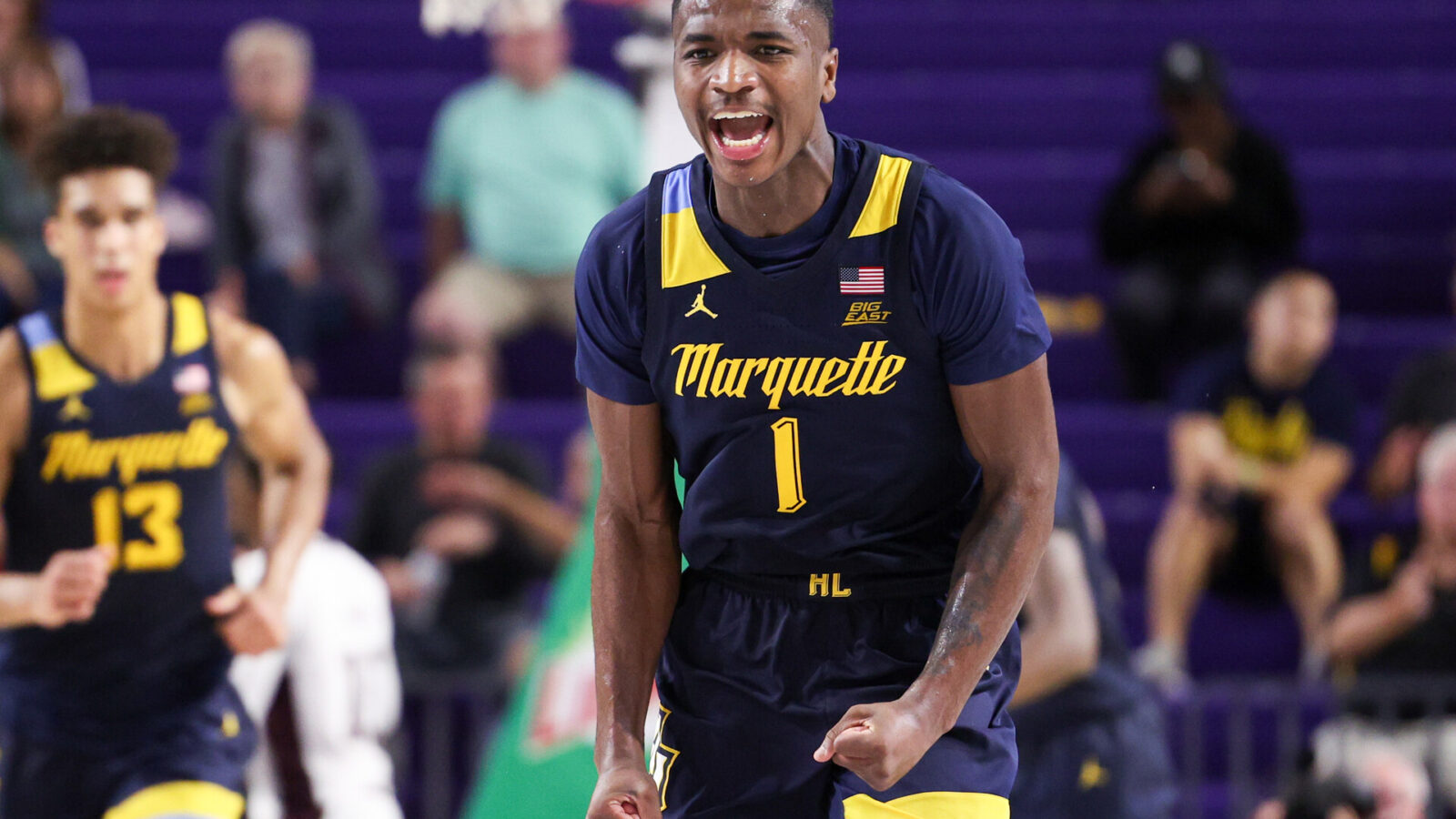 Marquette Golden Eagles guard Kam Jones (1) reacts after a basket against the Mississippi State Bulldogs in the second half during the Fort Myers Tip-off at Suncoast Credit Union Arena.