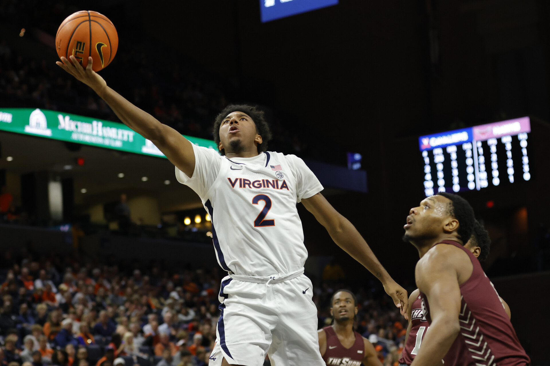 Virginia Cavaliers guard Reece Beekman (2) shoots the ball as Maryland-Eastern Shore Hawks guard Da'Shawn Phillip (5) looks on in the second half at John Paul Jones Arena.
