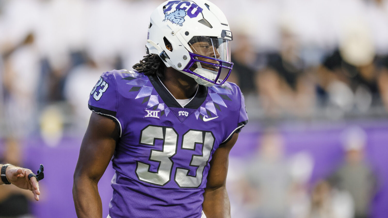 TCU Horned Frogs running back Kendre Miller (33) looks towards the sidelines during the game between the Tarleton State Texans and the TCU Horned Frogs on September 10, 2022 at Amon G. Carter Stadium in Fort Worth, Texas.