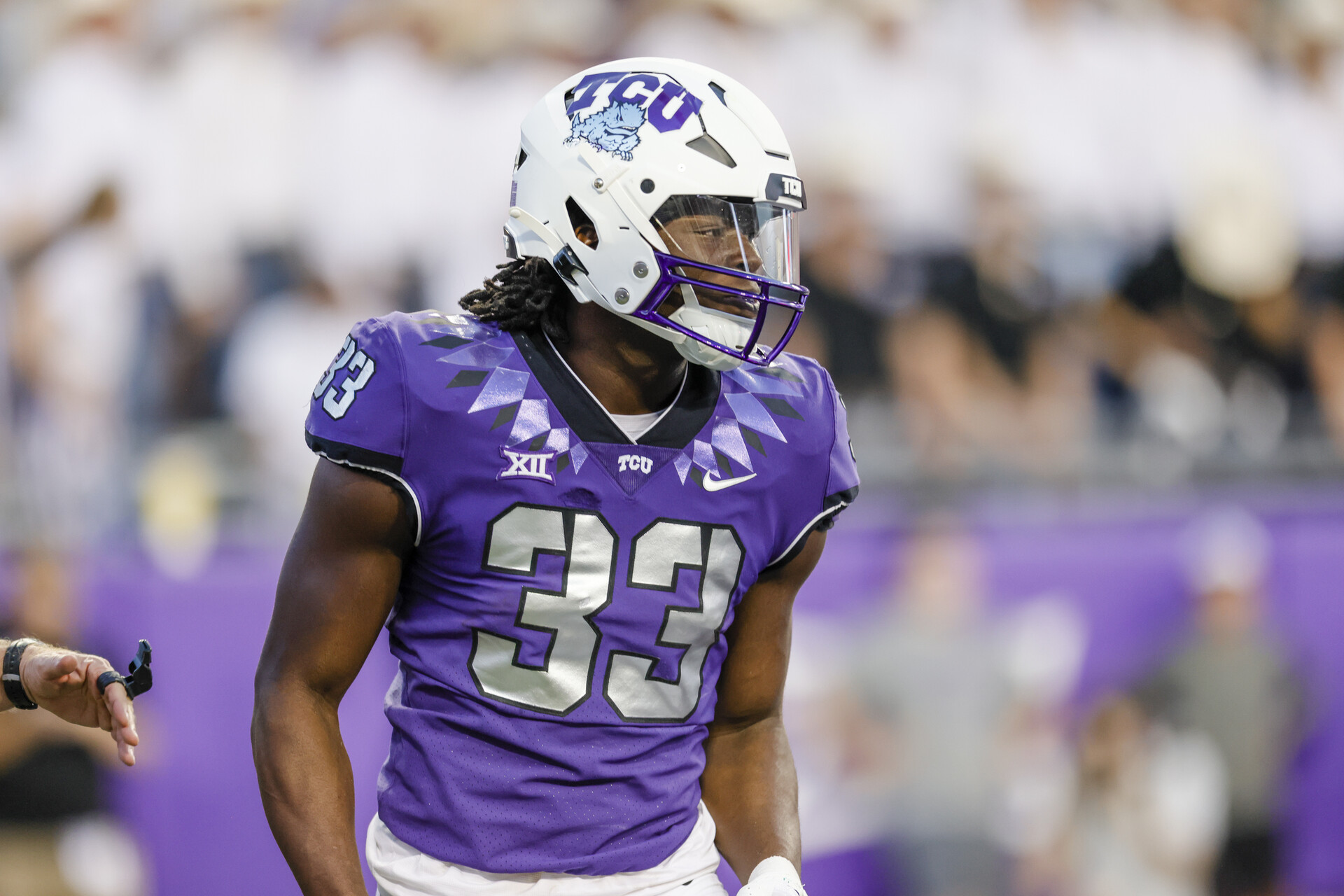 TCU Horned Frogs running back Kendre Miller (33) looks towards the sidelines during the game between the Tarleton State Texans and the TCU Horned Frogs on September 10, 2022 at Amon G. Carter Stadium in Fort Worth, Texas.