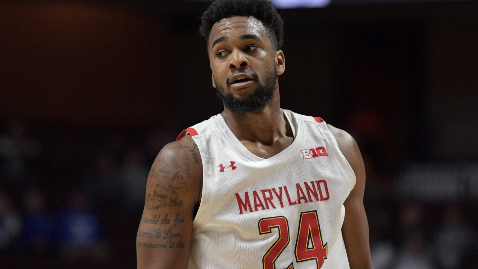 Maryland Terrapins forward Donta Scott (24) looks on during a Basketball Hall of Fame Tip-Off college basketball game between the Maryland Terrapins and the Saint Louis Billikens on November 19, 2022, at Mohegan Sun Arena in Uncasville, CT.