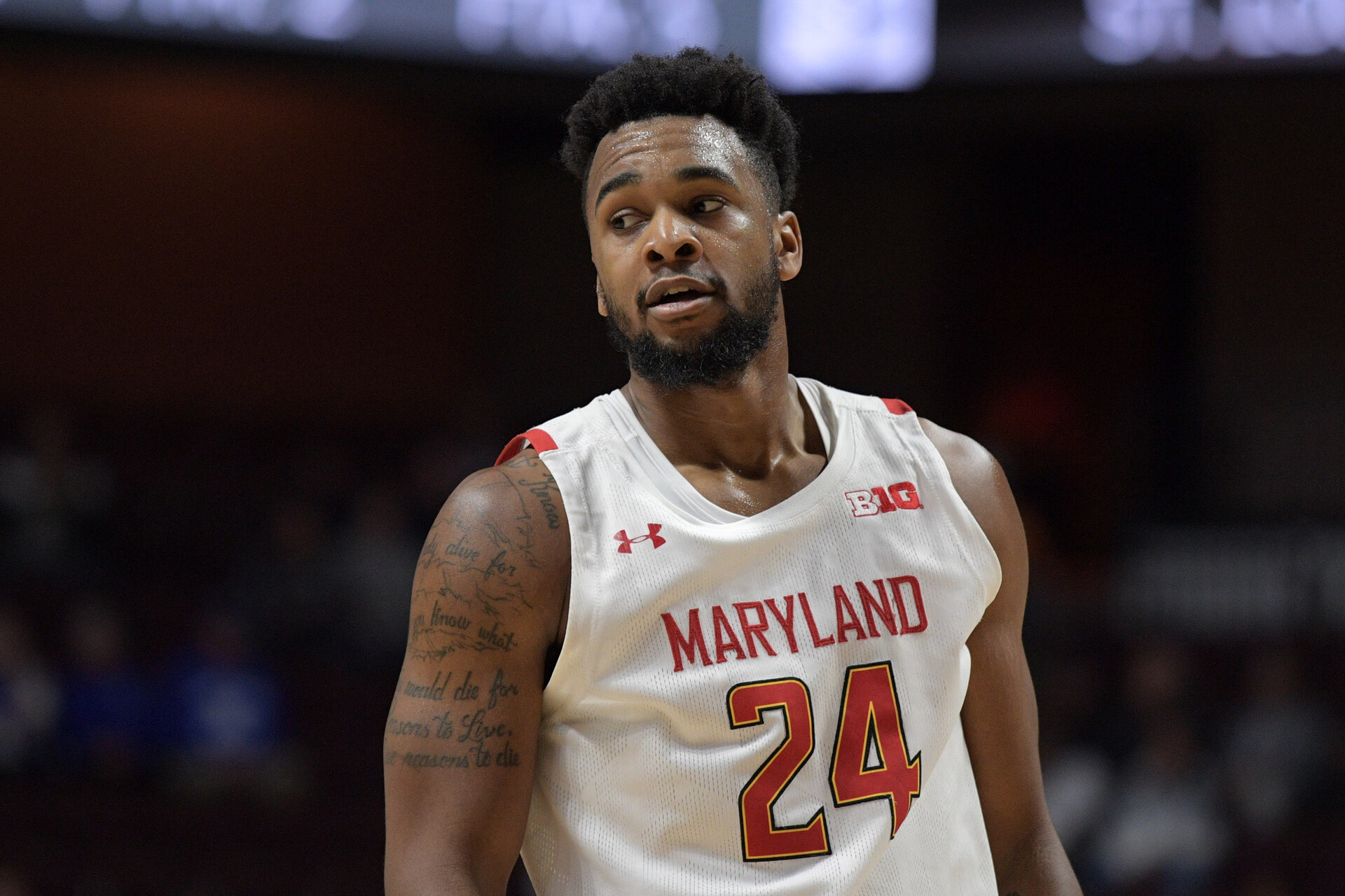 Maryland Terrapins forward Donta Scott (24) looks on during a Basketball Hall of Fame Tip-Off college basketball game between the Maryland Terrapins and the Saint Louis Billikens on November 19, 2022, at Mohegan Sun Arena in Uncasville, CT.