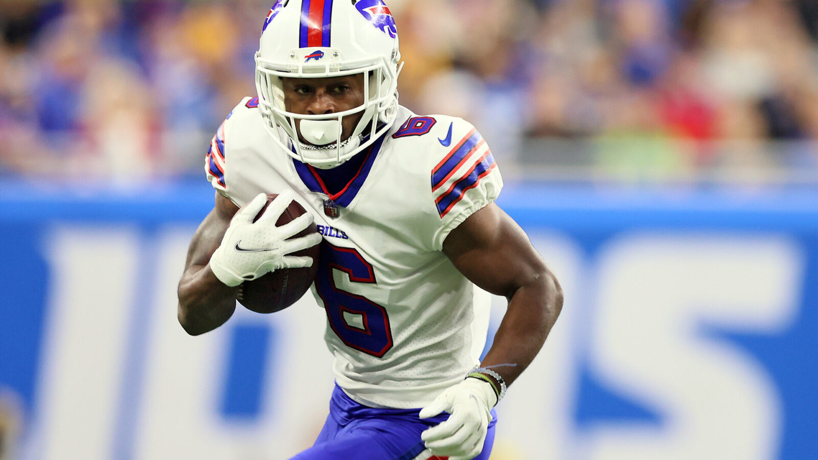 Buffalo Bills wide receiver Isaiah McKenzie (6) carries the ball during an NFL football game between the Detroit Lions and the Buffalo Bills in Detroit, Michigan USA, on Thursday, November 24, 2022.