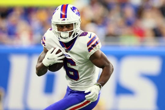 Buffalo Bills wide receiver Isaiah McKenzie (6) carries the ball during an NFL football game between the Detroit Lions and the Buffalo Bills in Detroit, Michigan USA, on Thursday, November 24, 2022.