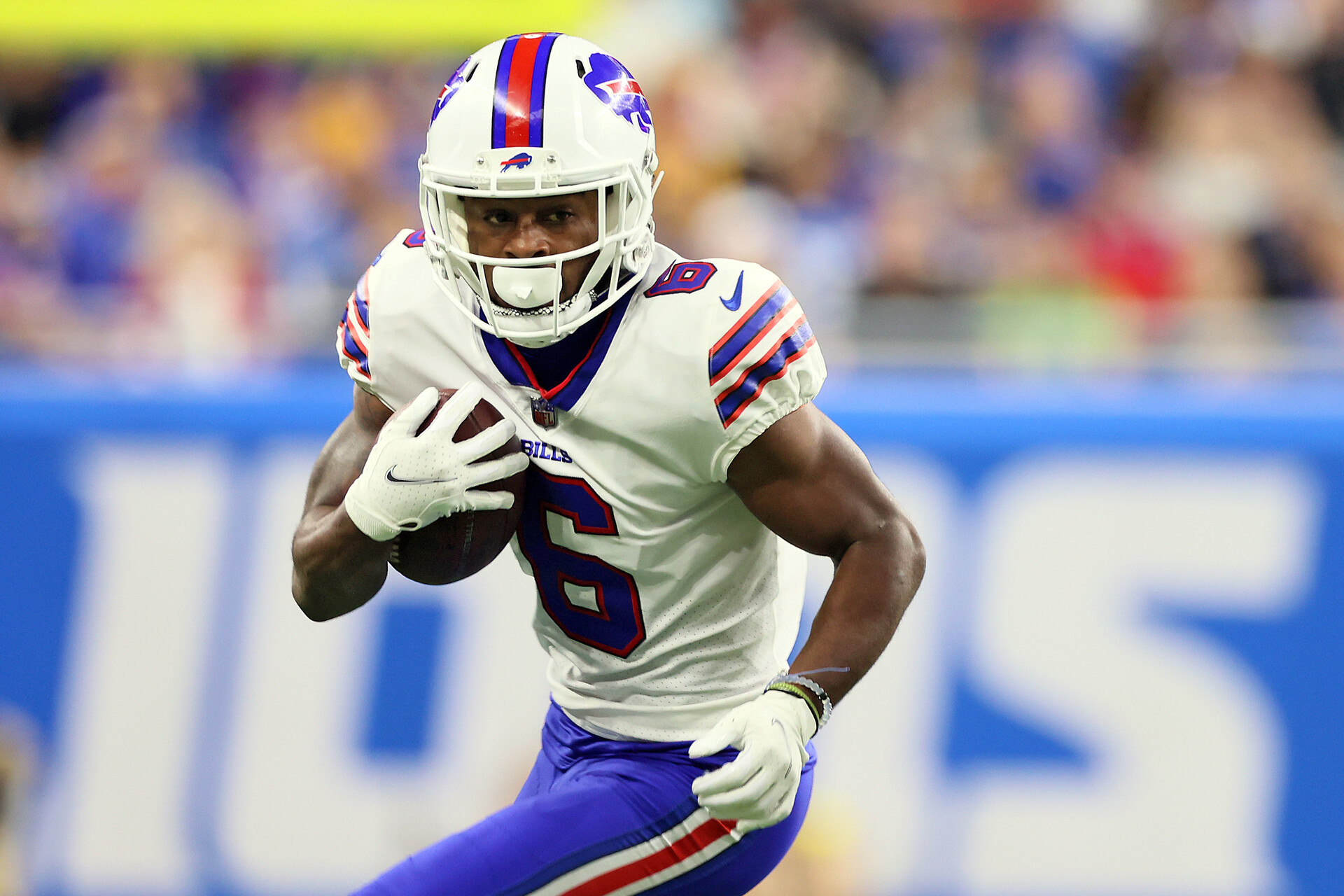 Buffalo Bills wide receiver Isaiah McKenzie (6) carries the ball during an NFL football game between the Detroit Lions and the Buffalo Bills in Detroit, Michigan USA, on Thursday, November 24, 2022.