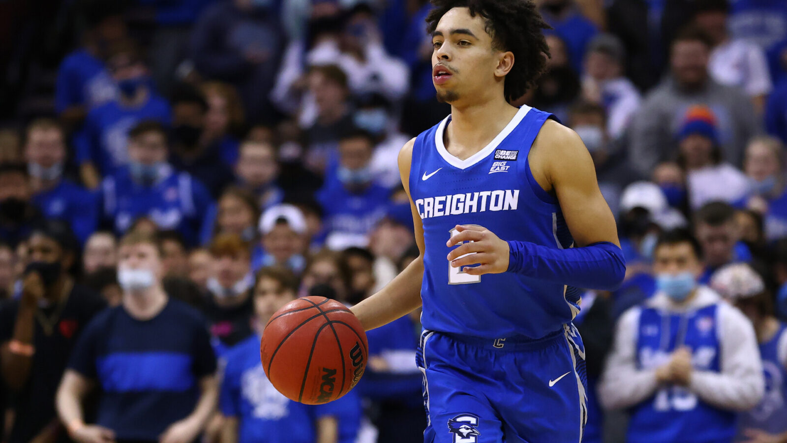 Ryan Nembhard #2 of the Creighton Bluejays in action against the Seton Hall Pirates during a game at Prudential Center on February 4, 2022 in Newark, New Jersey. Seton Hall defeated Creighton 74-55.