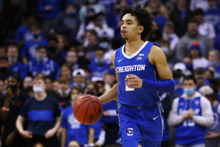 Ryan Nembhard #2 of the Creighton Bluejays in action against the Seton Hall Pirates during a game at Prudential Center on February 4, 2022 in Newark, New Jersey. Seton Hall defeated Creighton 74-55.