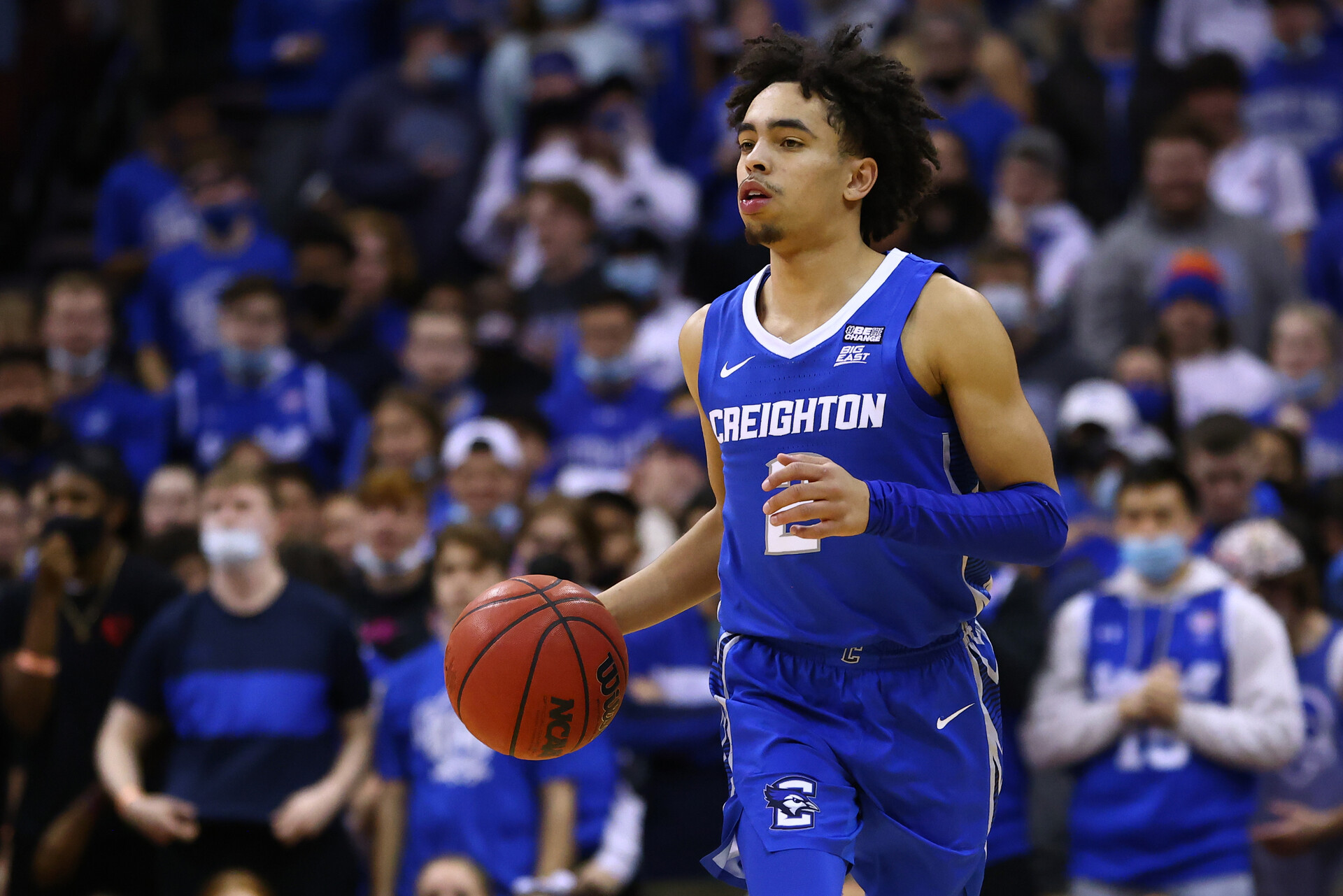 Ryan Nembhard #2 of the Creighton Bluejays in action against the Seton Hall Pirates during a game at Prudential Center on February 4, 2022 in Newark, New Jersey. Seton Hall defeated Creighton 74-55.