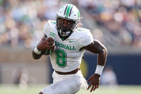 Khalan Laborn #8 of the Marshall Thundering Herd runs with the ball against the Notre Dame Fighting Irish during the second half at Notre Dame Stadium on September 10, 2022 in South Bend, Indiana.