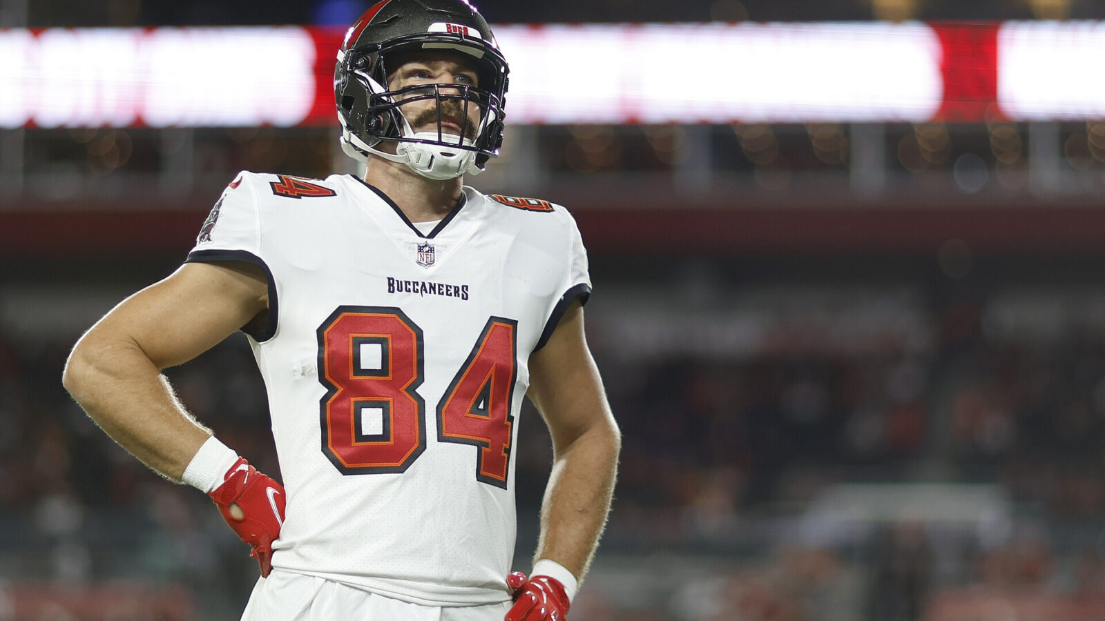 Cameron Brate #84 of the Tampa Bay Buccaneers looks on prior to the game against the Kansas City Chiefs at Raymond James Stadium on October 02, 2022 in Tampa, Florida.