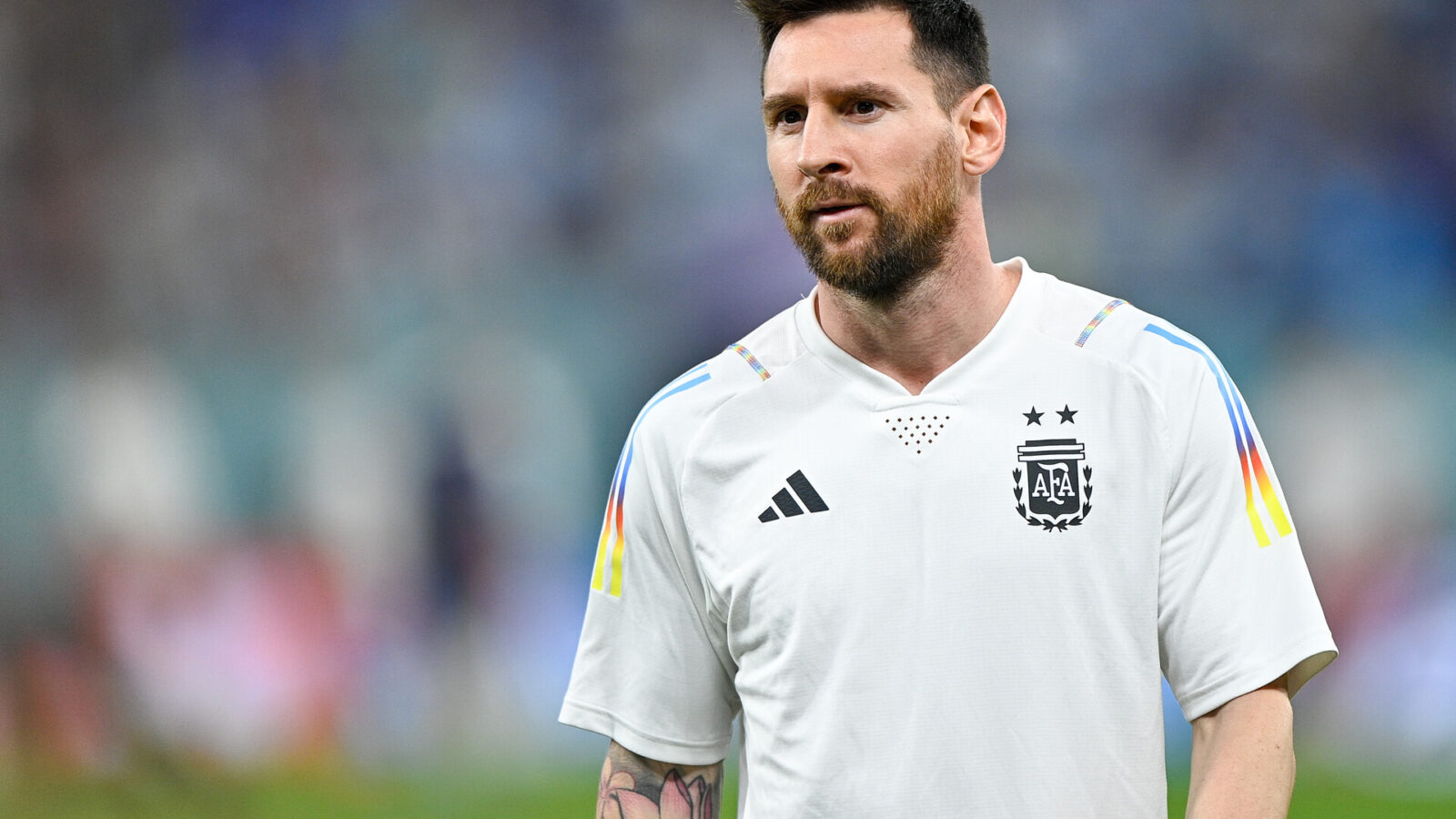 Lionel Messi of Argentina looks on prior to the Group C - FIFA World Cup Qatar 2022 match between Poland and Argentina at Stadium 974 on November 30, 2022 in Doha, Qatar