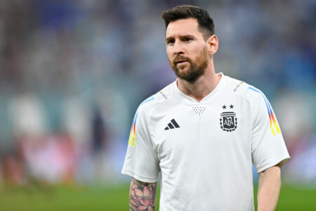 Lionel Messi of Argentina looks on prior to the Group C - FIFA World Cup Qatar 2022 match between Poland and Argentina at Stadium 974 on November 30, 2022 in Doha, Qatar