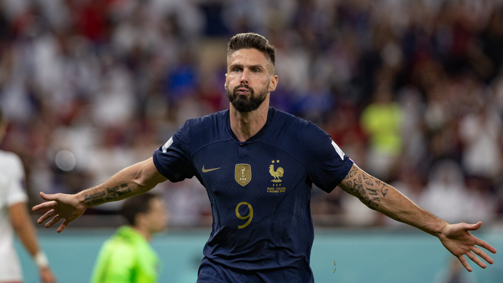 Olivier Giroud of France celebrates scoring a goal during the FIFA World Cup Qatar 2022 Round of 16 match between France (3) and Poland (1) at Al Thumama Stadium on December 04, 2022 in Doha, Qatar.