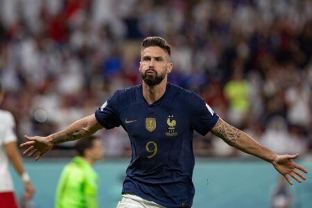 Olivier Giroud of France celebrates scoring a goal during the FIFA World Cup Qatar 2022 Round of 16 match between France (3) and Poland (1) at Al Thumama Stadium on December 04, 2022 in Doha, Qatar.