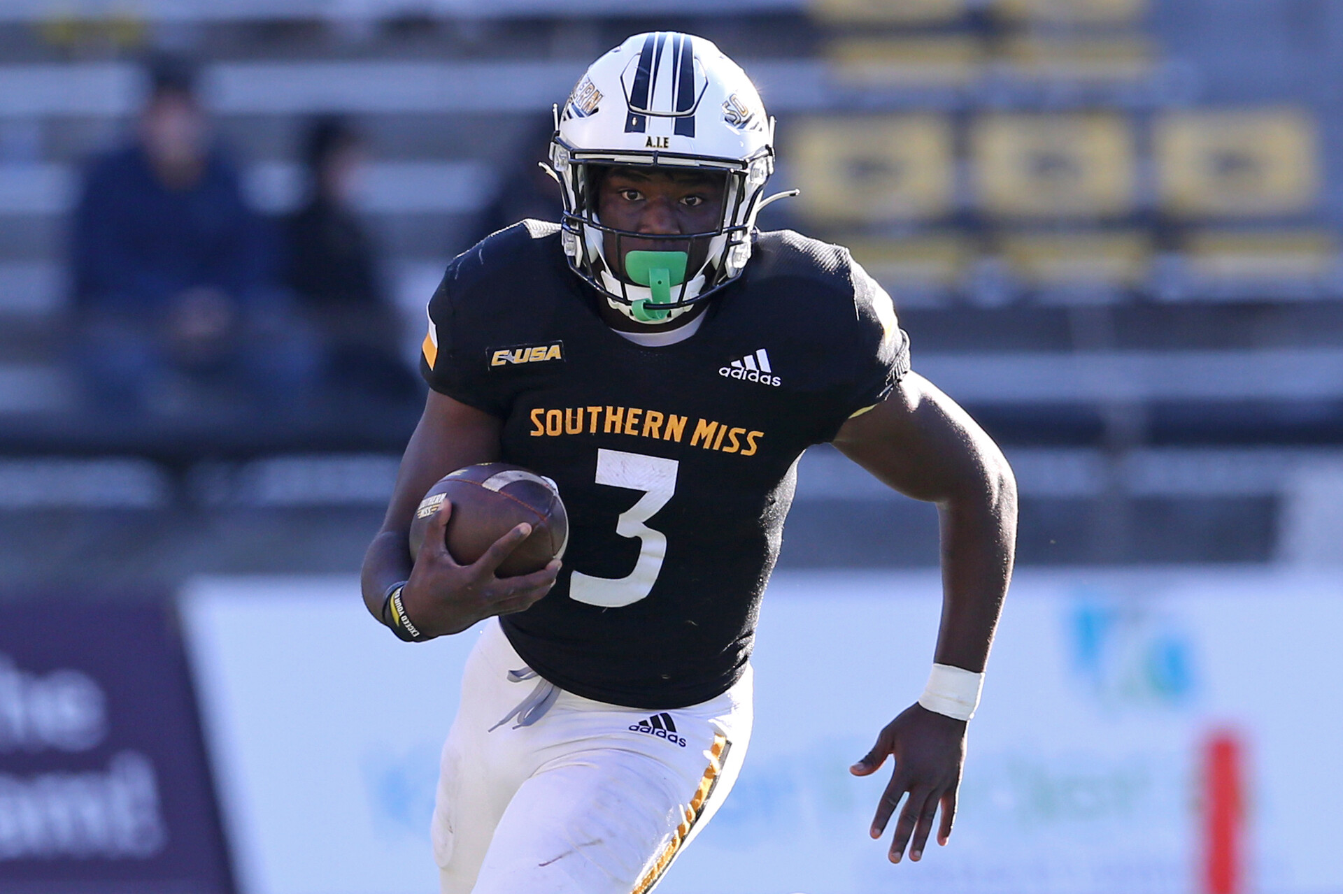 Southern Miss Golden Eagles running back Frank Gore Jr. (3) runs against the North Texas Mean Green in the second half at M.M. Roberts Stadium.