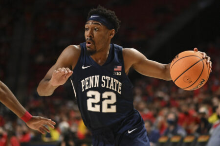 College Park, Maryland, USA; Penn State Nittany Lions guard Jalen Pickett (22) dribbles rot the basket during the first half against the Maryland Terrapins at Xfinity Center.