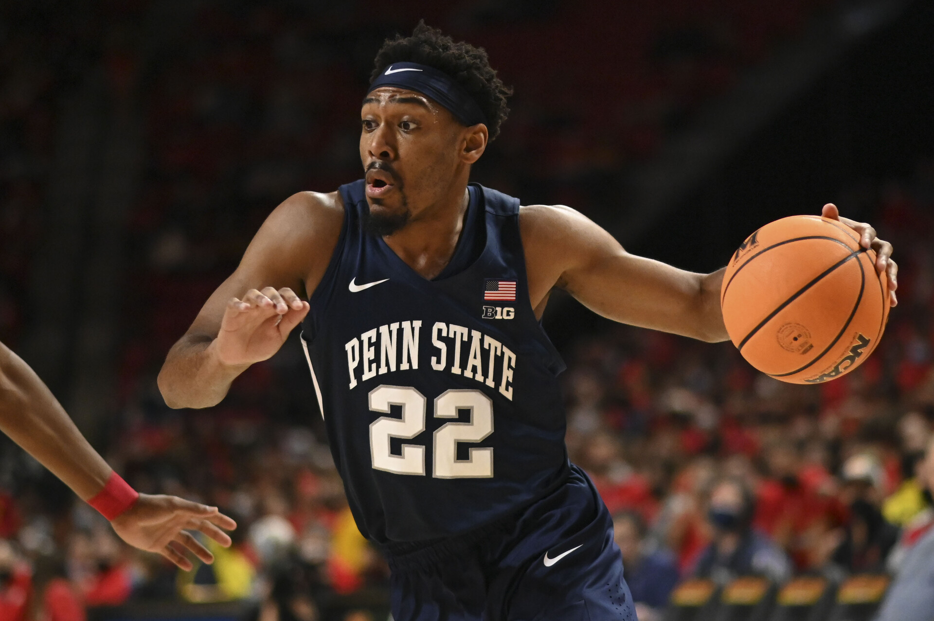 College Park, Maryland, USA; Penn State Nittany Lions guard Jalen Pickett (22) dribbles rot the basket during the first half against the Maryland Terrapins at Xfinity Center.
