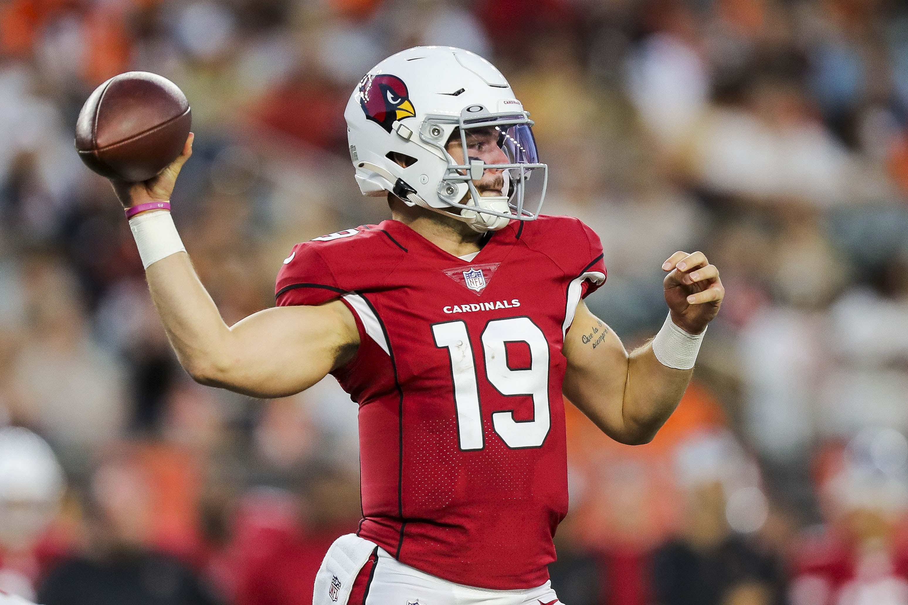 Arizona Cardinals quarterback Trace McSorley (19) throws a pass against the Cincinnati Bengals in the first half at Paycor Stadium.