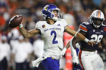San Jose State Spartans quarterback Chevan Cordeiro looks for a receiver during the fourth quarter against the Auburn Tigers.