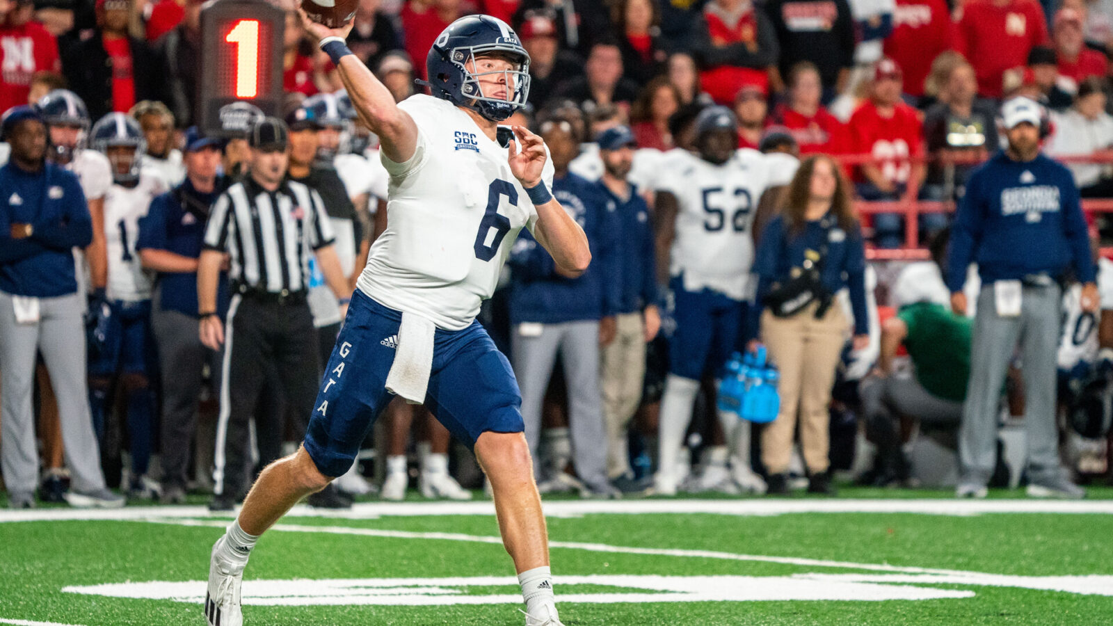 Georgia Southern Eagles quarterback Kyle Vantrease (6) throws against the Nebraska Cornhuskers during the third quarter at Memorial Stadium.