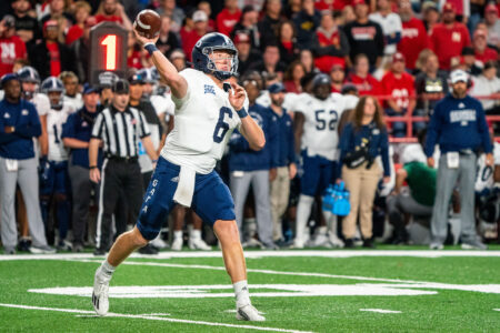 Georgia Southern Eagles quarterback Kyle Vantrease (6) throws against the Nebraska Cornhuskers during the third quarter at Memorial Stadium.
