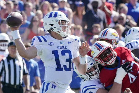 Duke Blue Devils quarterback Riley Leonard (13) throws a pass against the Kansas Jayhawks during the first half of the game at David Booth Kansas Memorial Stadium.