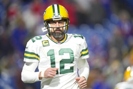 Green Bay Packers quarterback Aaron Rodgers (12) prior to the game between the Green Bay Packers and Buffalo Bills at Highmark Stadium.