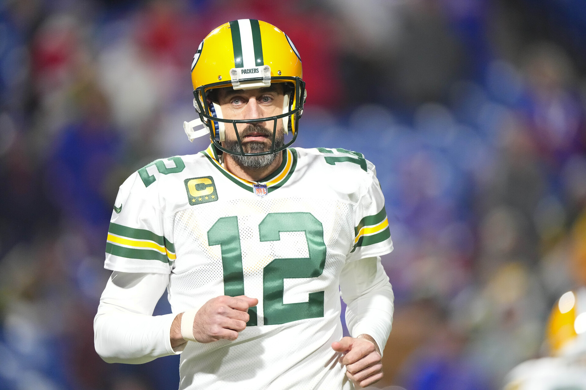 Green Bay Packers quarterback Aaron Rodgers (12) prior to the game between the Green Bay Packers and Buffalo Bills at Highmark Stadium.