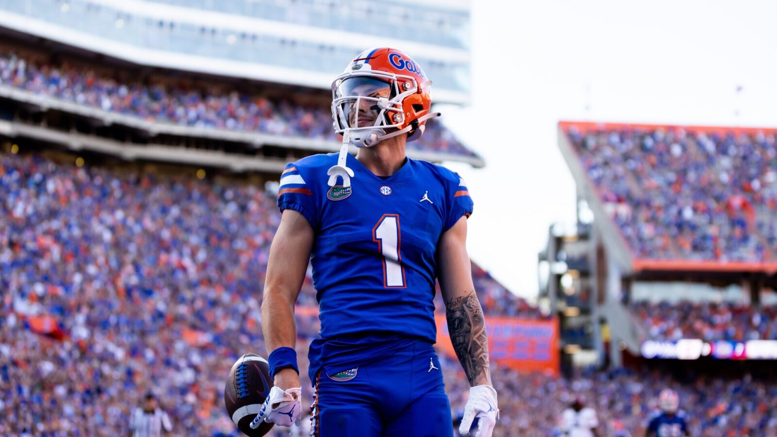 Florida Gators wide receiver Ricky Pearsall (1) celebrates after catching a touchdown during the first half against the South Carolina Gamecocks at Steve Spurrier Field at Ben Hill Griffin Stadium in Gainesville, FL on Saturday, November 12, 2022.