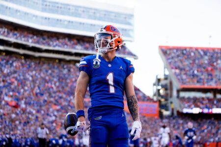 Florida Gators wide receiver Ricky Pearsall (1) celebrates after catching a touchdown during the first half against the South Carolina Gamecocks at Steve Spurrier Field at Ben Hill Griffin Stadium in Gainesville, FL on Saturday, November 12, 2022.
