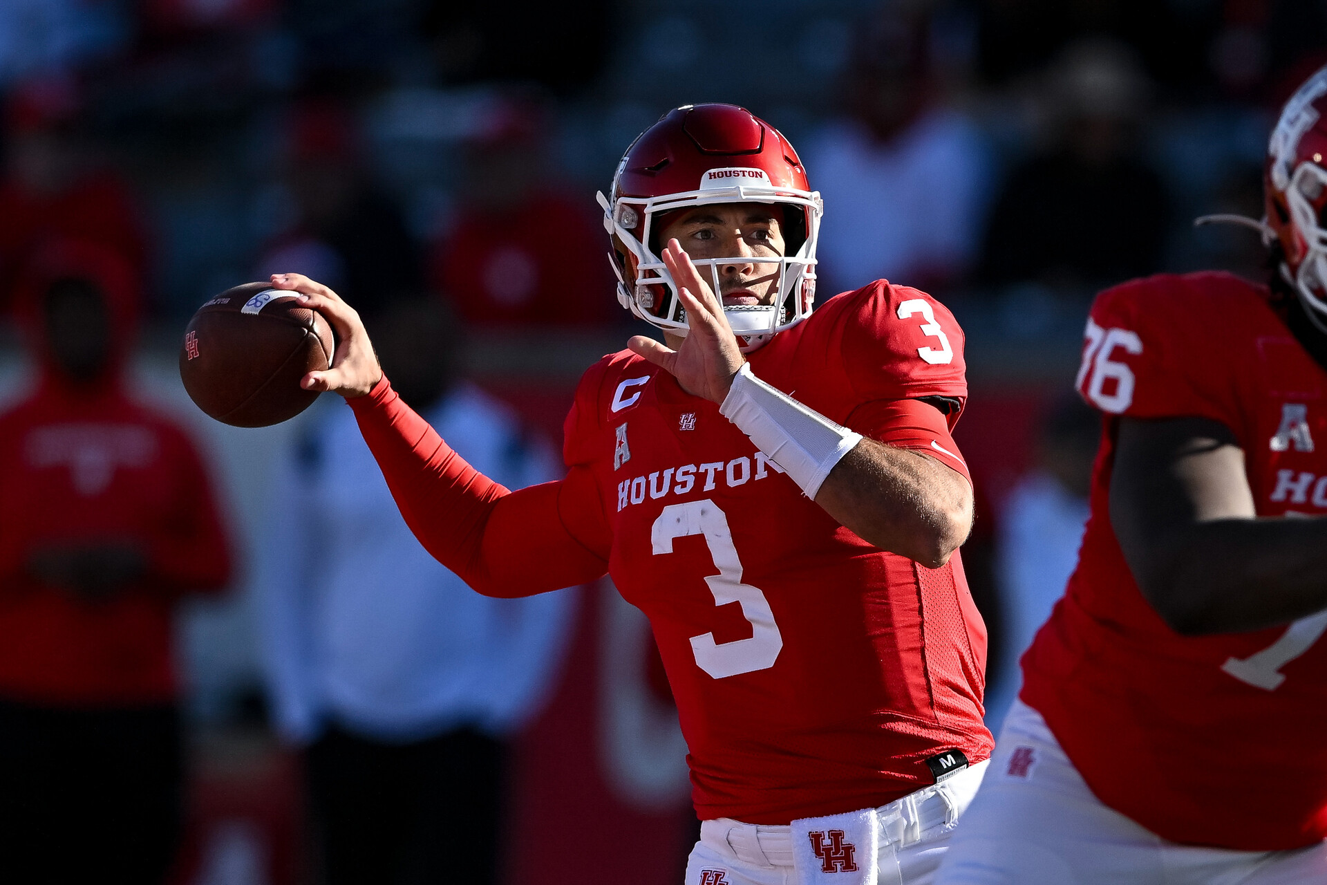 Houston Cougars quarterback Clayton Tune (3) throws a pass during the second quarter against the Temple Owls at TDECU Stadium.
