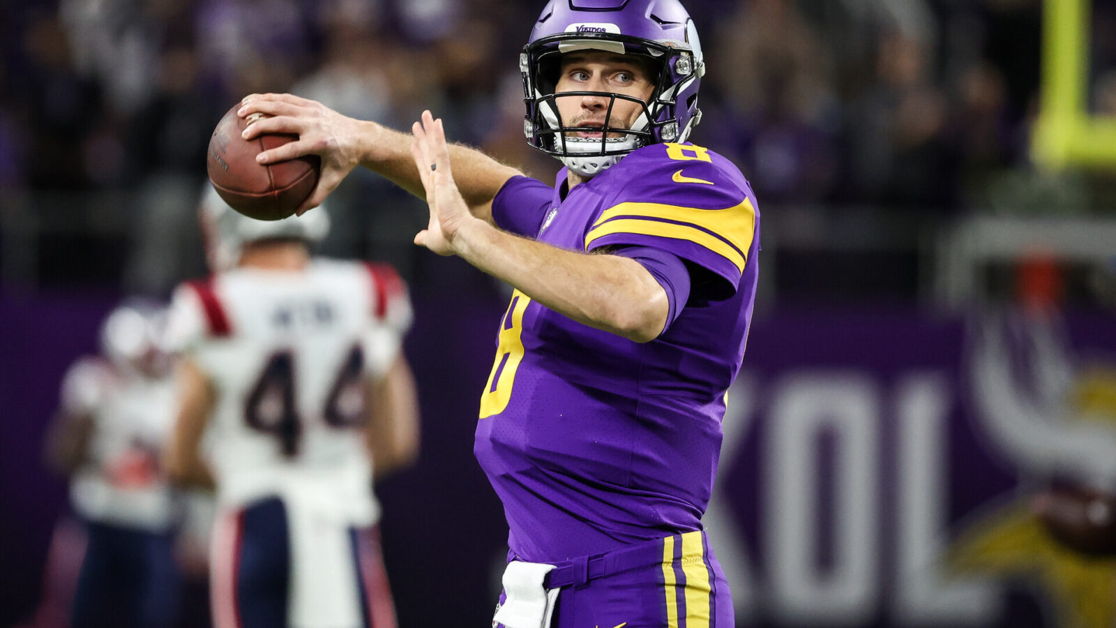 Nov 24, 2022; Minneapolis, Minnesota, USA; Minnesota Vikings quarterback Kirk Cousins (8) warms up before the game against the New England Patriots at U.S. Bank Stadium.