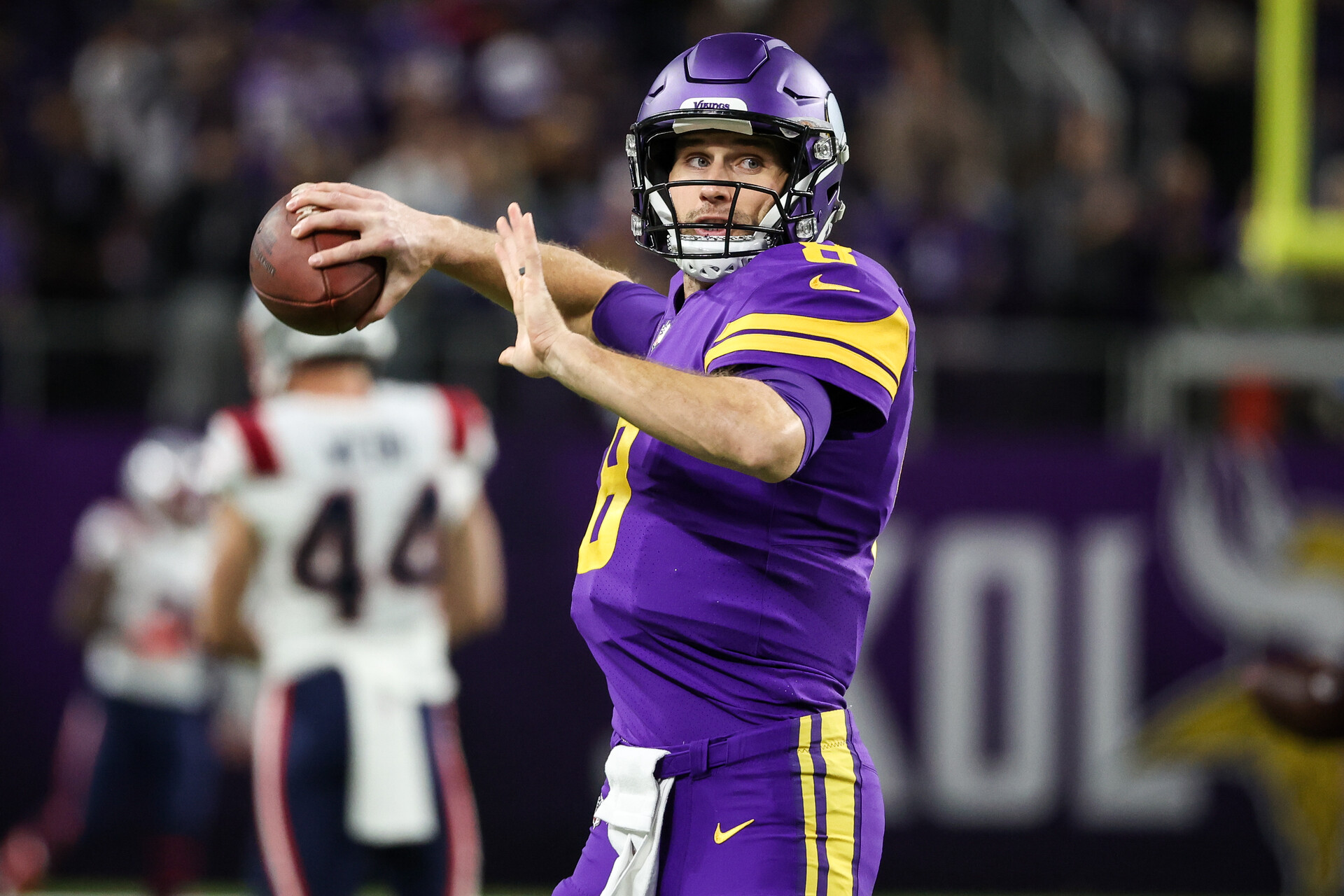 Nov 24, 2022; Minneapolis, Minnesota, USA; Minnesota Vikings quarterback Kirk Cousins (8) warms up before the game against the New England Patriots at U.S. Bank Stadium.